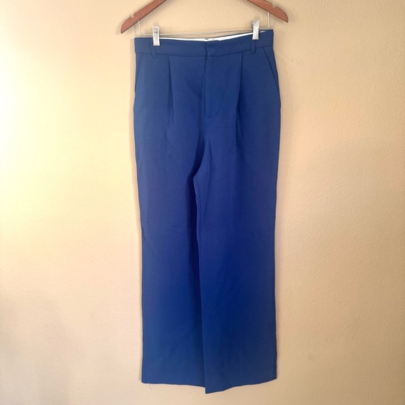 ZARA High Rise Pleated Wide Leg Trouser Pants Blue Size Small - Picture 2 of 7